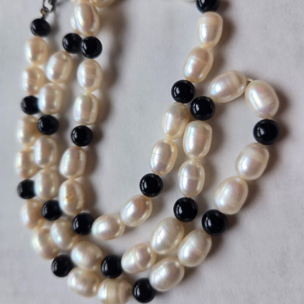 Genuine Pearl & Black Onyx 925 Sterling Silver Necklace